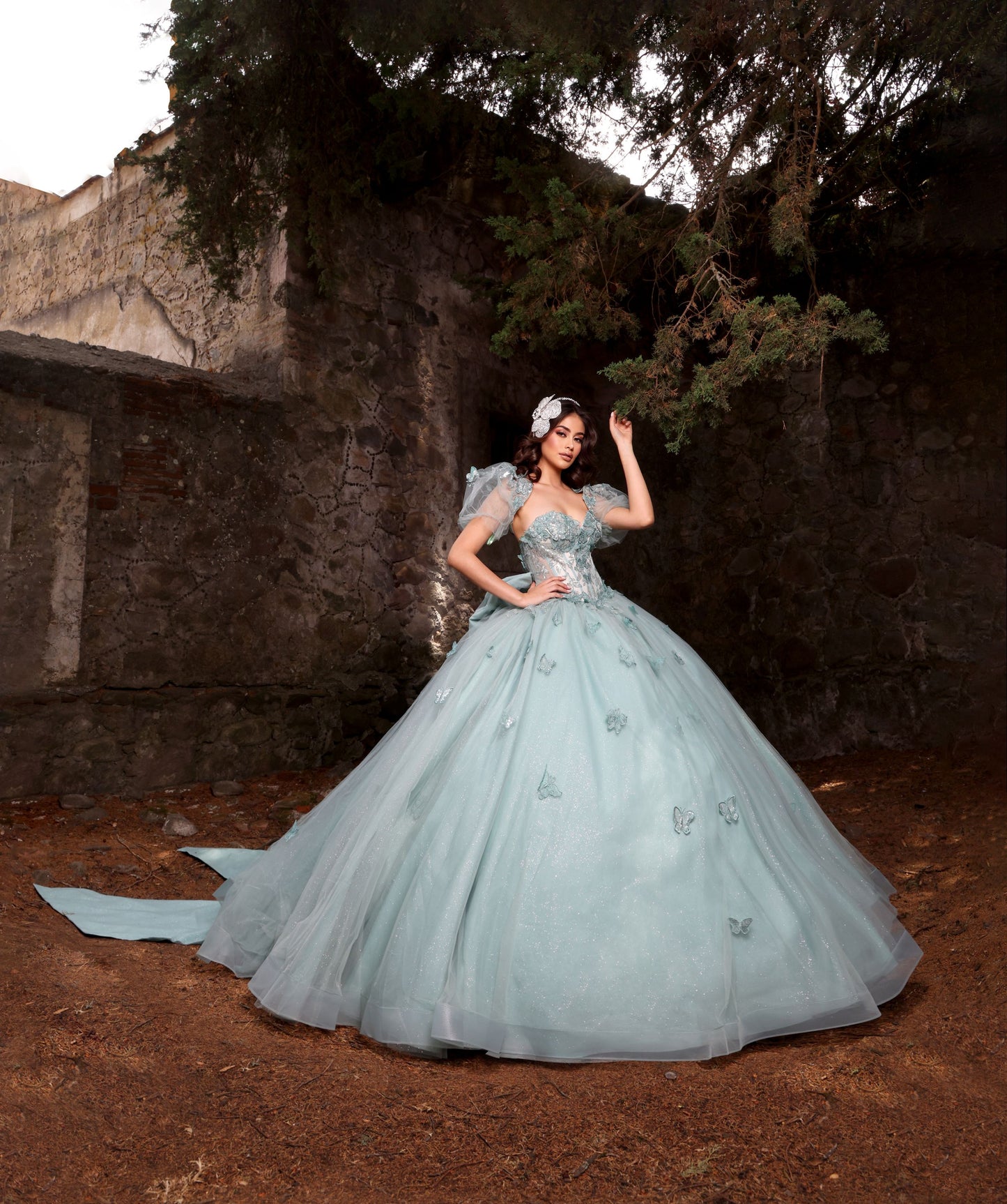 Nina Canacci Q119 Sage Quinceneara Dress Puff Sleeves Butterfly Lace Glitter Tulle Sweetheart Neckline Oversized Bow