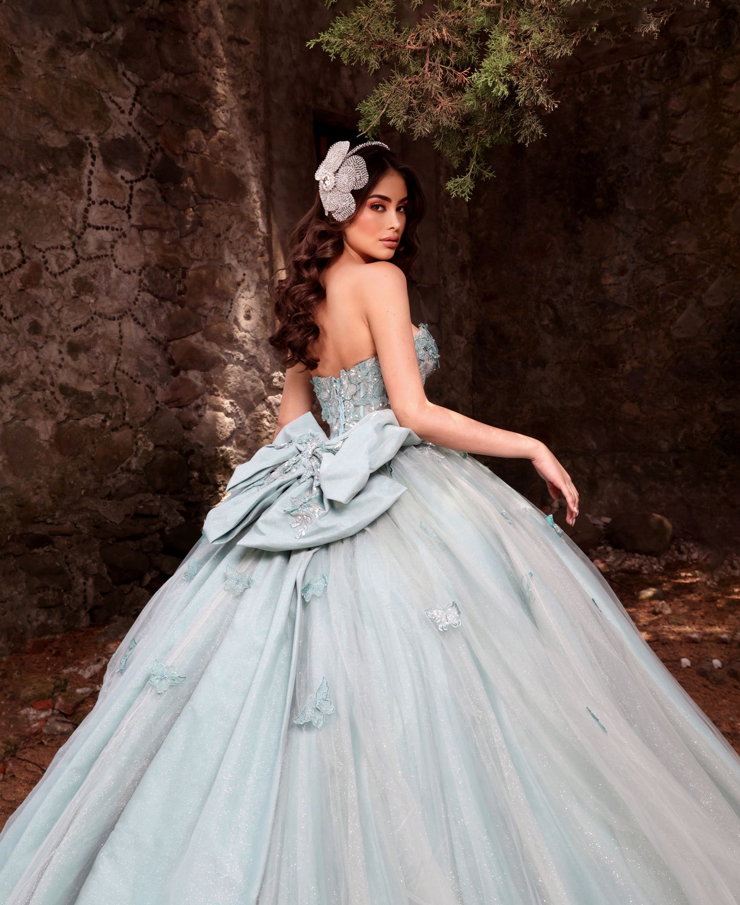 Nina Canacci Q119 Sage Quinceneara Dress Puff Sleeves Butterfly Lace Glitter Tulle Sweetheart Neckline Oversized Bow
