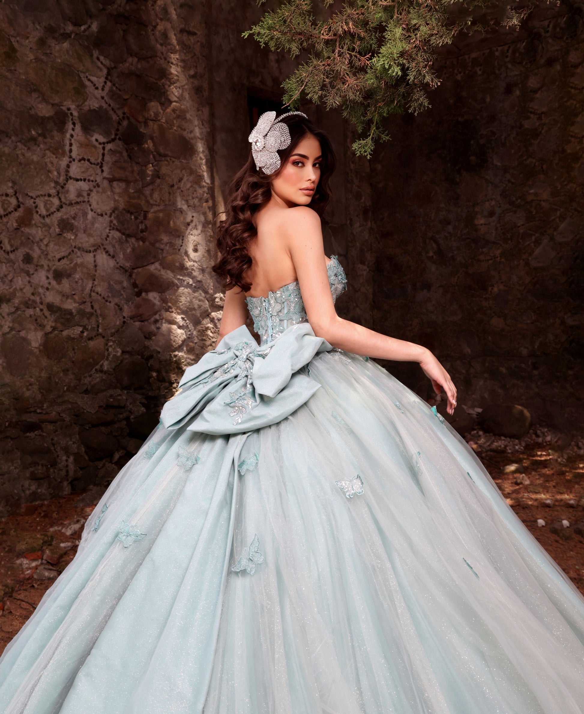Nina Canacci Q119 Sage Quinceneara Dress Puff Sleeves Butterfly Lace Glitter Tulle Sweetheart Neckline Oversized Bow