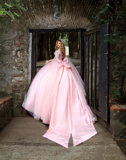 Nina Canacci Q122 Quinceanera Dress Bows and Butterflies Off the Shoulder Flowy Cape Arms Oversize Bow