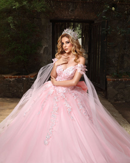 Nina Canacci Q122 Quinceanera Dress Bows and Butterflies Off the Shoulder Flowy Cape Arms Oversize Bow