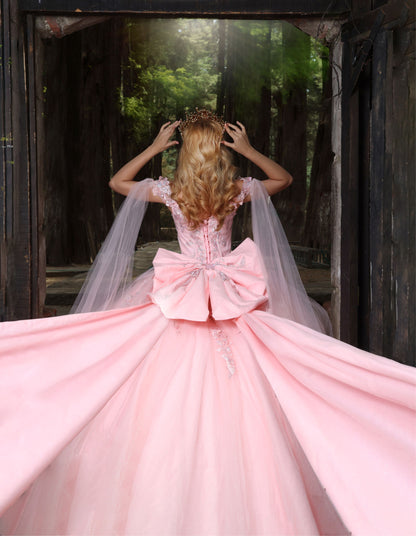 Nina Canacci Q122 Quinceanera Dress Bows and Butterflies Off the Shoulder Flowy Cape Arms Oversize Bow