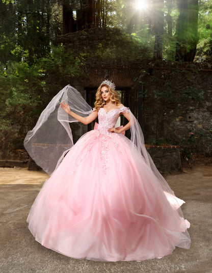 Nina Canacci Q122 Quinceanera Dress Bows and Butterflies Off the Shoulder Flowy Cape Arms Oversize Bow Pink / 4 Nina Canacci Q122 Quinceanera Dress Bows and Butterflies Off the Shoulder Flowy Cape Arms Oversize Bow Pink / 4
