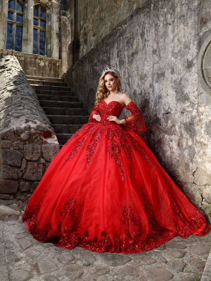Nina Canacci Q123 Red Quinceneara Dress Detachable Bell Sleeves Glitter Tulle Sequin Lace