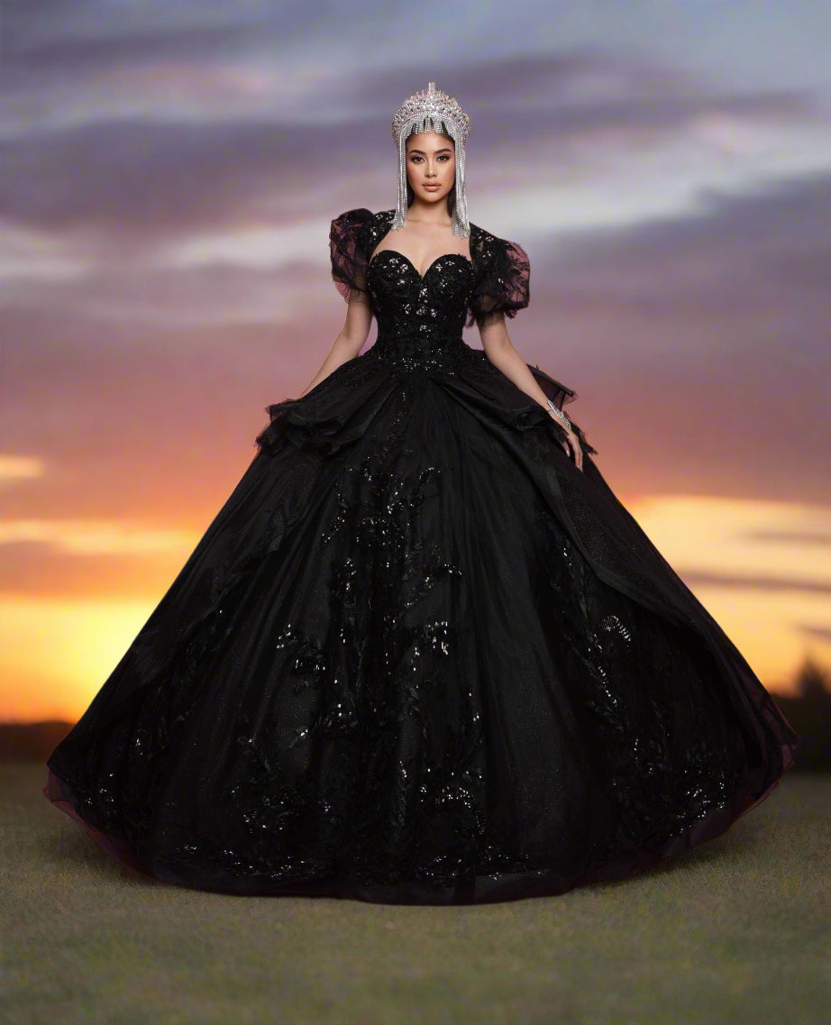 Nina Canacci Q130 Quinceneara Dress Sweetheart Neckline Glitter Lace Puff Sleeve Layered Skirt