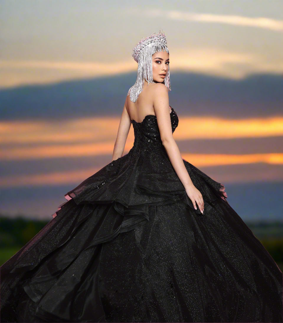 Nina Canacci Q130 Quinceneara Dress Sweetheart Neckline Glitter Lace Puff Sleeve Layered Skirt