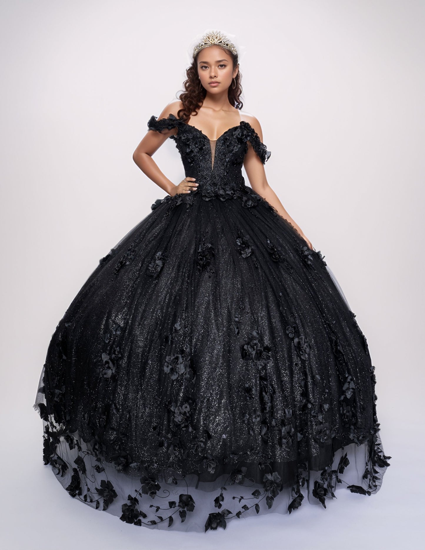 Nina Canacci Q2444 Black Quinceanera Dress 3D Floral Off the Shoulder Plunging V Neckline Glitter Tulle