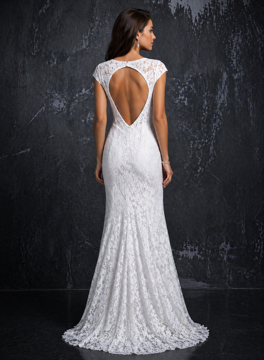 Nina Canacci 1279 size 2, 4, 6, 8, 10 Ivory v neckline cap sleeves with circle cutout back lace fitted mermaid wedding dress destination bridal gown prom dress.&nbsp; Reception Bridal Gown, Backless

&nbsp;Available Sizes: 2, 4, 8, 10

Available Colors: Ivory