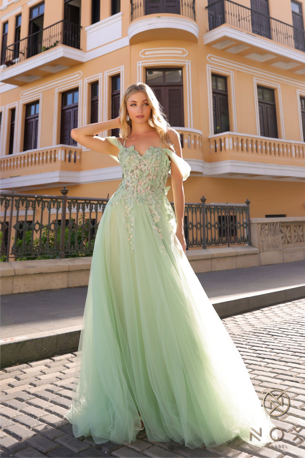 Nox Anabel J1324 sz 8 Sage A Line Prom Dress Sequin Lace Tulle off the shoulder Corset Formal Gown
