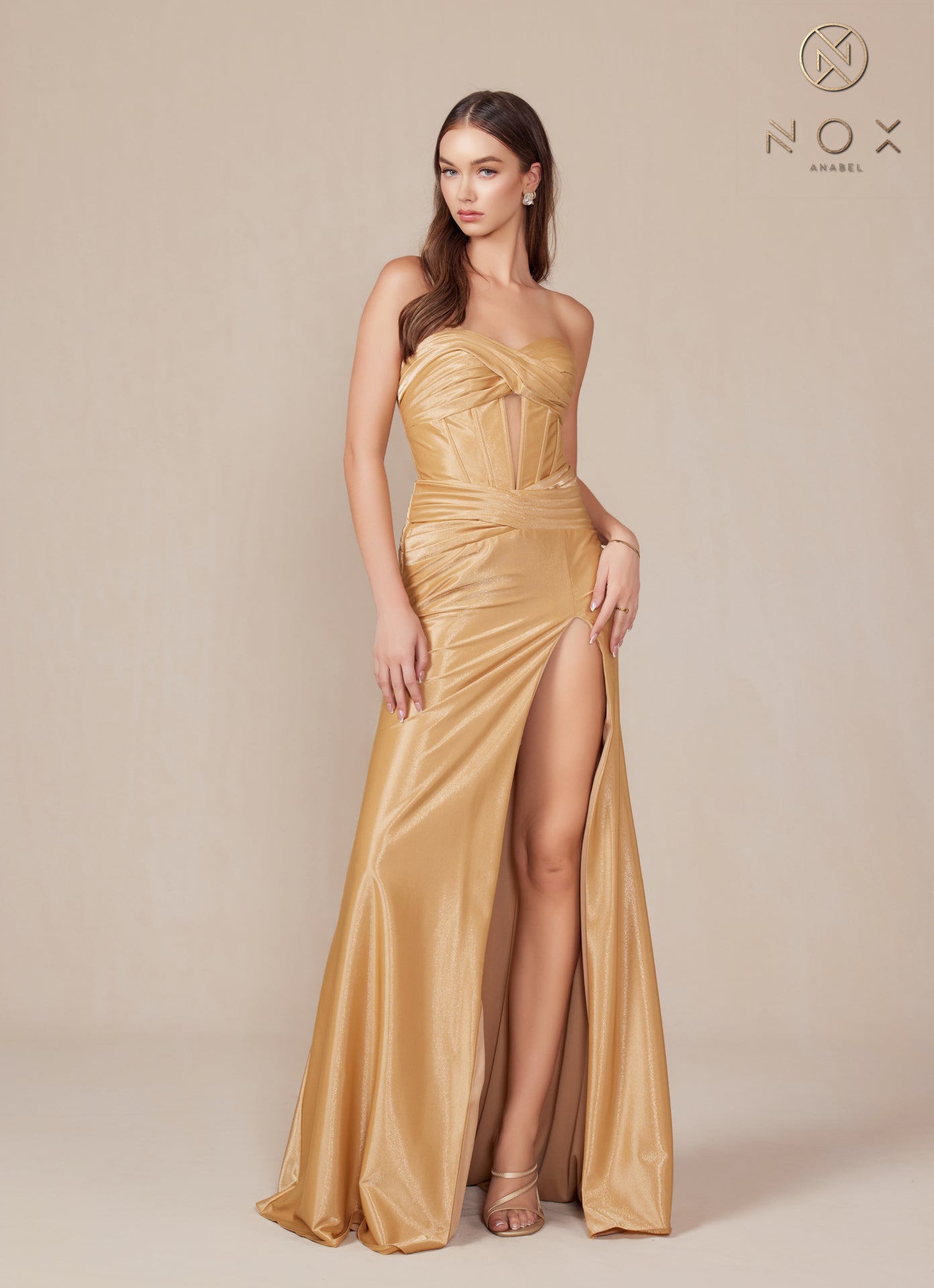 Nox Anabel T1489 Long Slit Fitted Formal Prom Dress - Gold / 4 Nox Anabel T1489 Long Slit Fitted Formal Prom Dress - Gold / 4