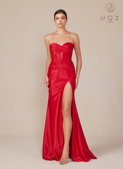 This Nox Anabel T1489 Satin Prom Dress features a fitted silhouette and a daring slit, perfect for a formal evening event. The cutout strapless corset bodice adds a touch of elegance and femininity. Made with high-quality satin, this gown will make you stand out with its sleek and sophisticated design.

Sizes: 00-16

Colors: Black, Gold, Plum, Deep Red, Ocean Blue