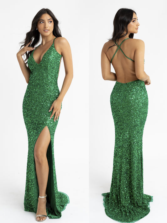 Primavera couture 3291 Size 8 Emerald Prom Dress Sequins V Neckline Backless Slit