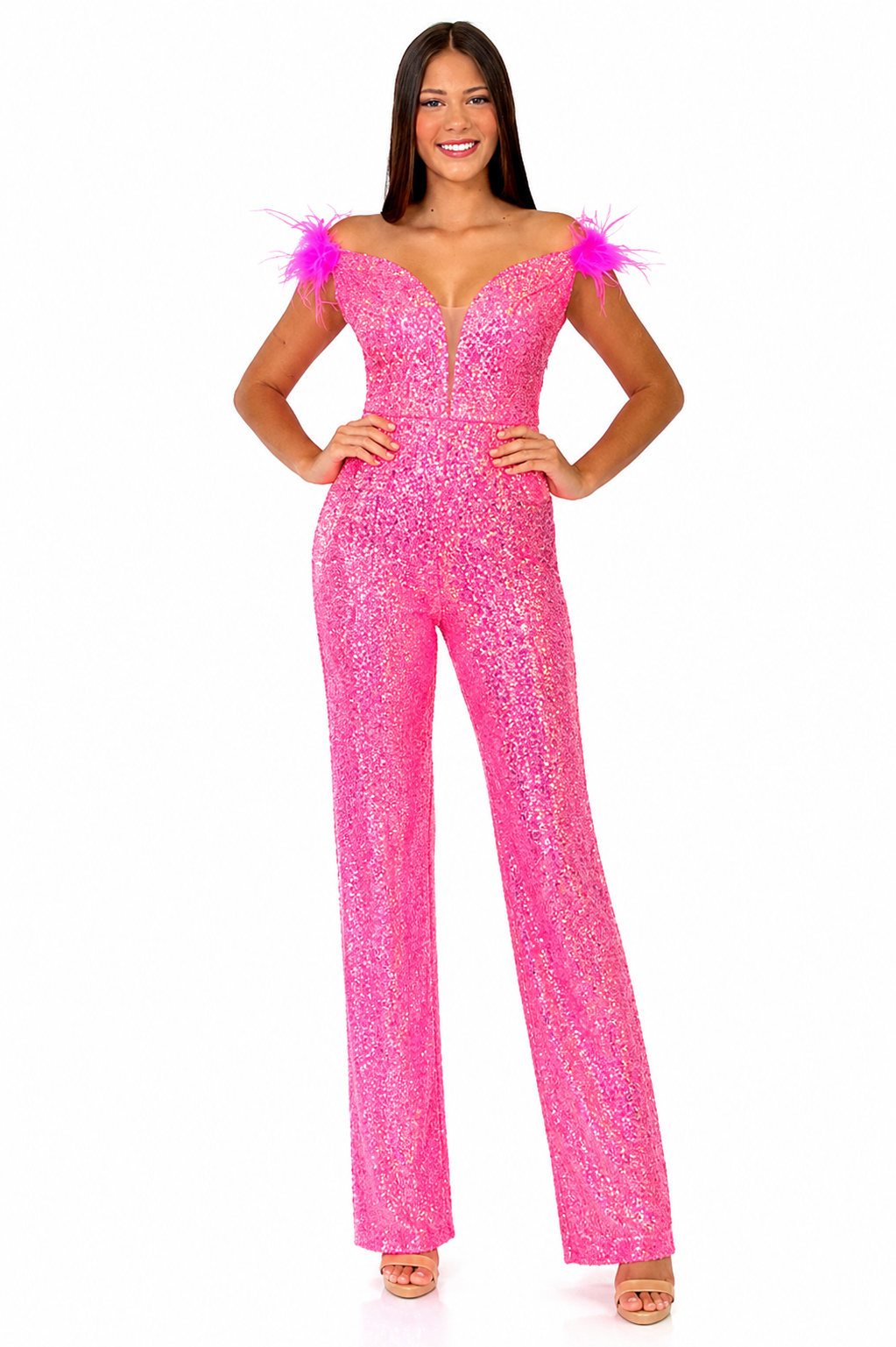 The Marc Defang 8252 Short Sequin Pageant Romper is an off-the-shoulder dress with a fun, fashionable style. It features an iridescent sequin design, ostrich feathers on the shoulder, a v-neck cut and an invisible zipper closure in the back. This form-flattering&nbsp;Romper is fully lined and comes in a variety of colors and sizes.

Sizes: 8

Colors: Barbie Pink&nbsp;

*In Stock for Immediate Delivery