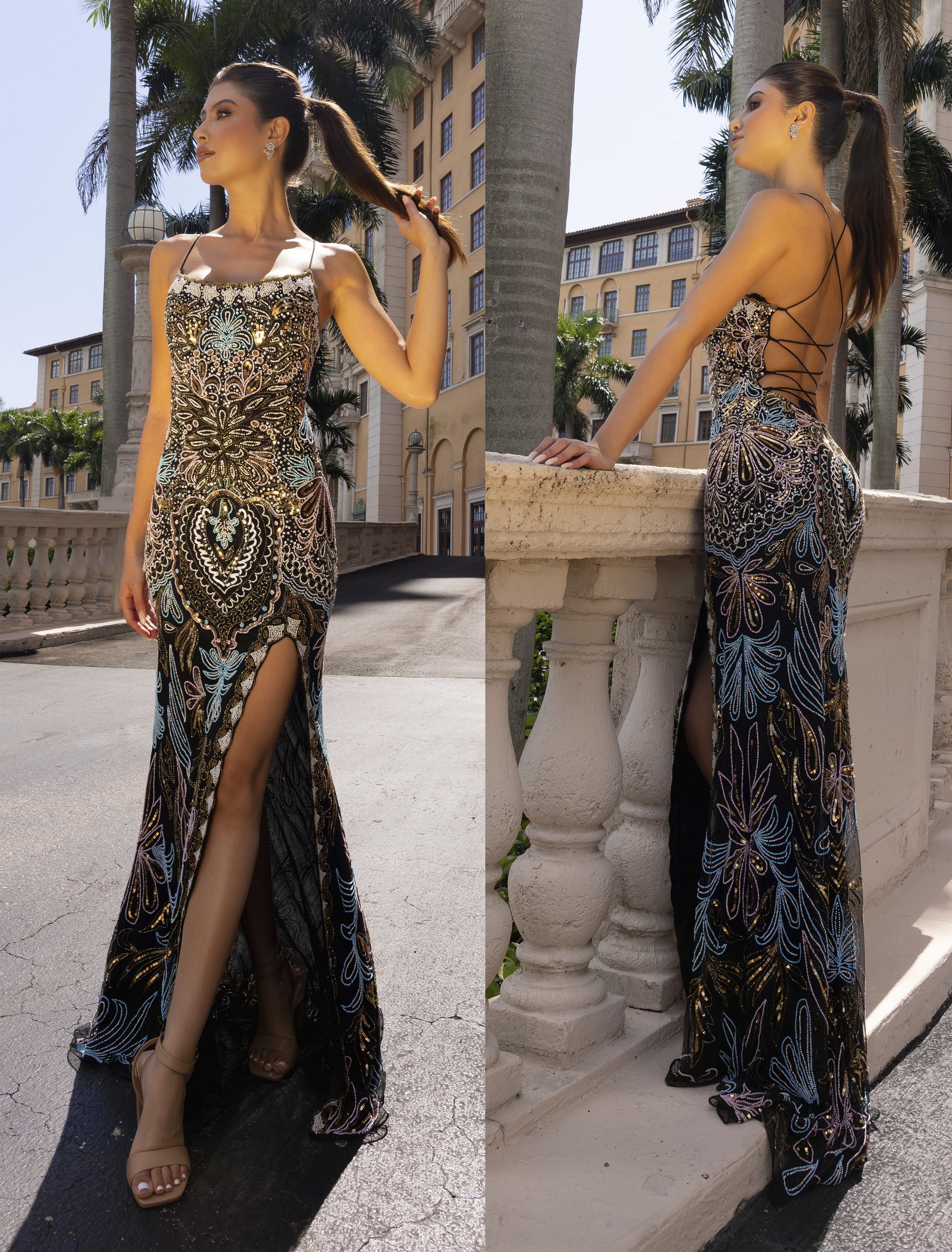 Primavera Couture 4156 Prom Dress Beaded Lace Up Back