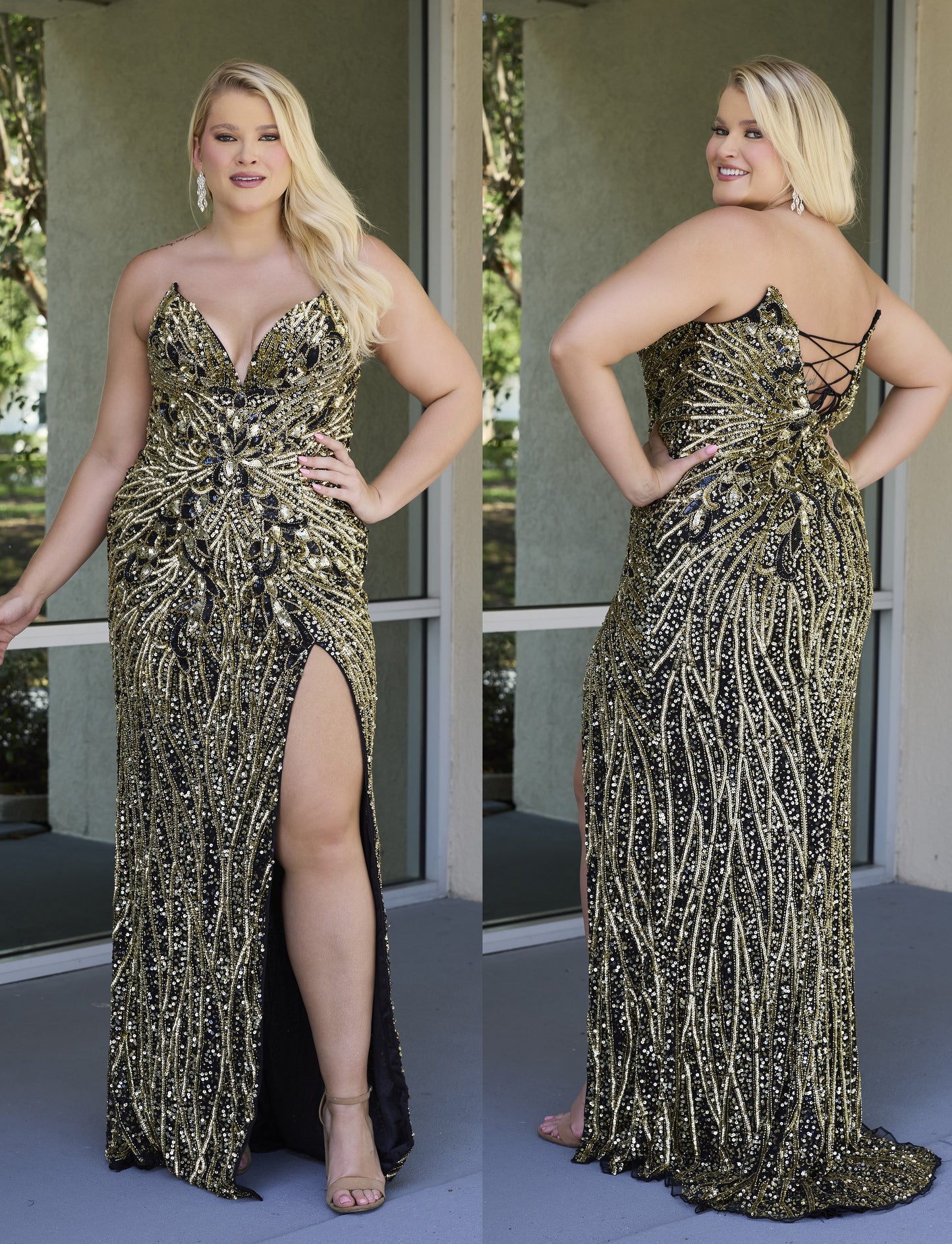 Woman wearing a primavera couture  14083 gold and black beaded evening gown with a high slit, shown from front and back.