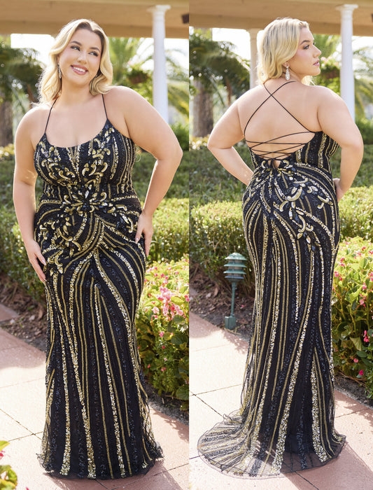 Primavera Couture 14101 Black/Gold Curvy Prom Dress Sequins
