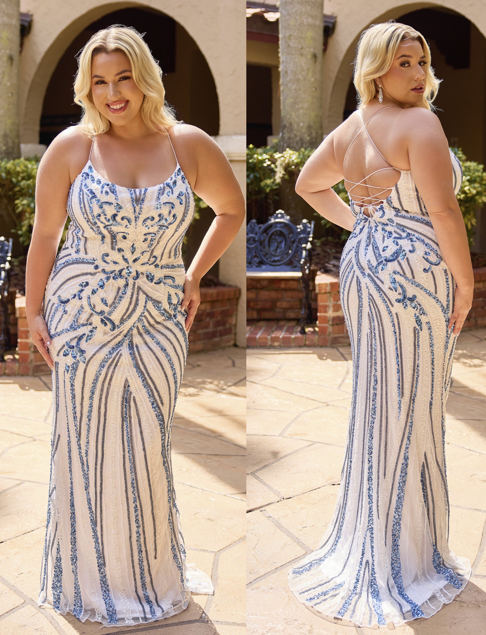Primavera Couture 14101 Curvy Prom Dress Plus Size Formal Ivory/Blue / 18W Primavera Couture 14101 Curvy Prom Dress Plus Size Formal Ivory/Blue / 18W