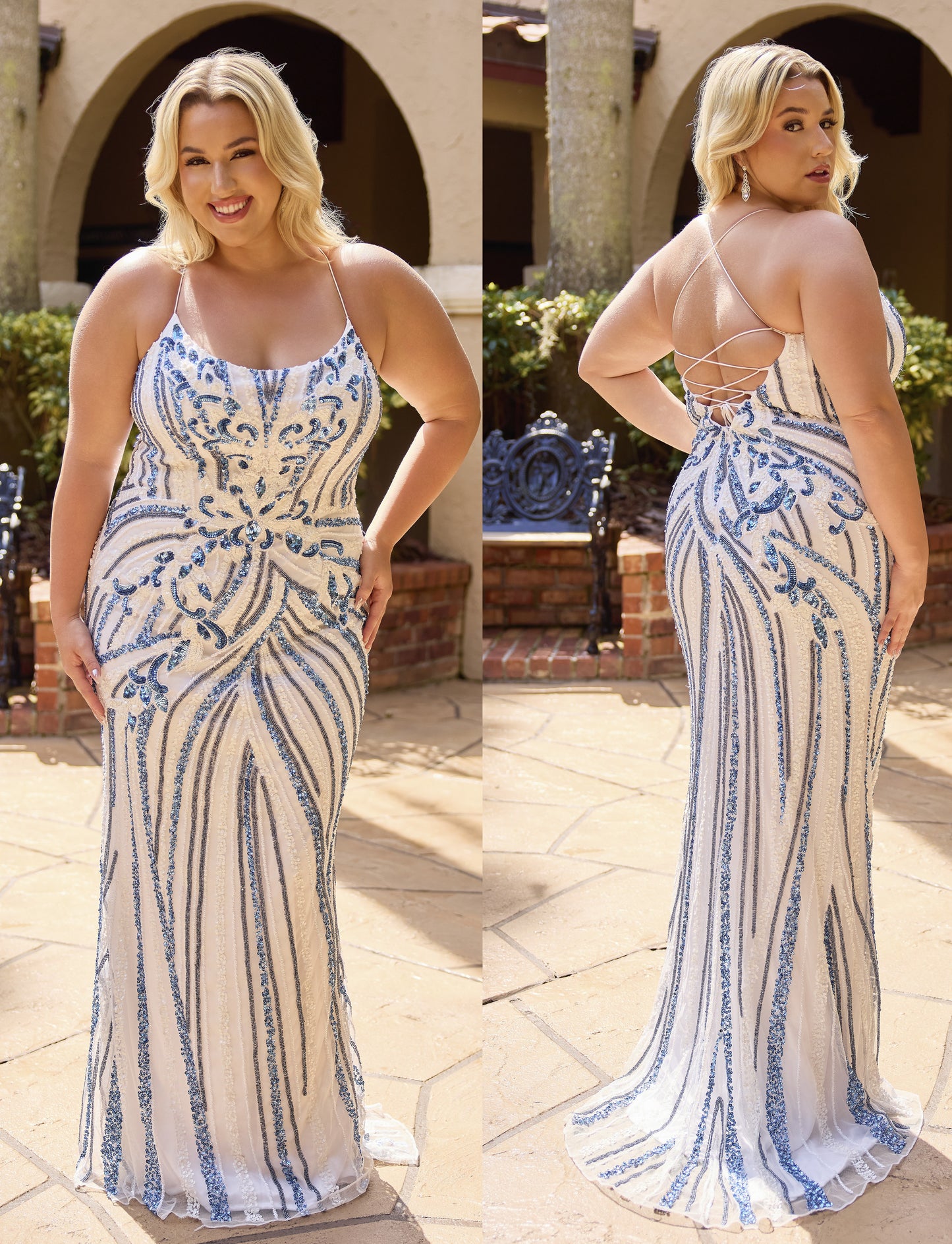 Primavera Couture 14101 Ivory/Blue Curvy Prom Dress Sequins