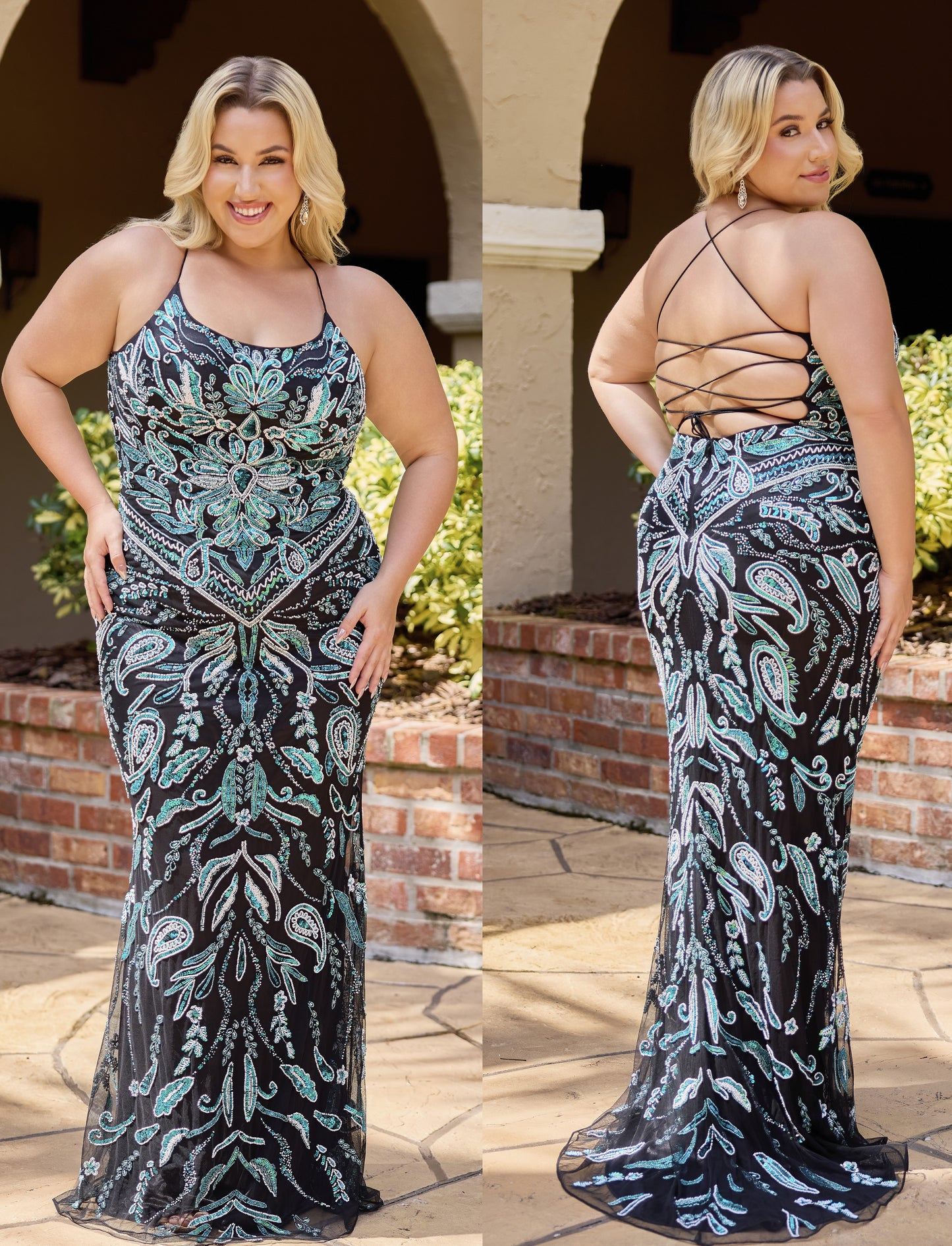 Primavera Couture 14102 Black Teal Plus Sized Prom Dress Beaded Curvy Corset