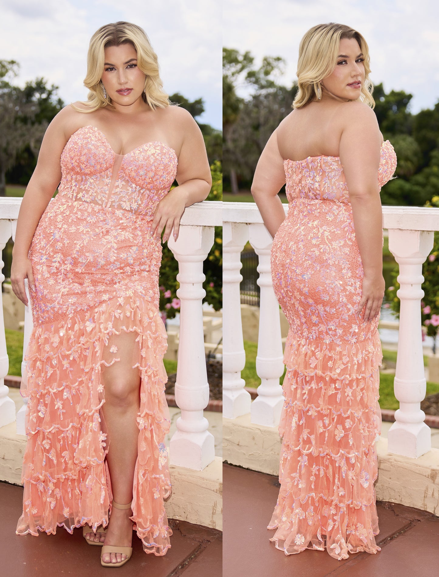 Primavera Couture 14105 Coral Ruffle Prom Dress Plus Sized Sequins Strapless