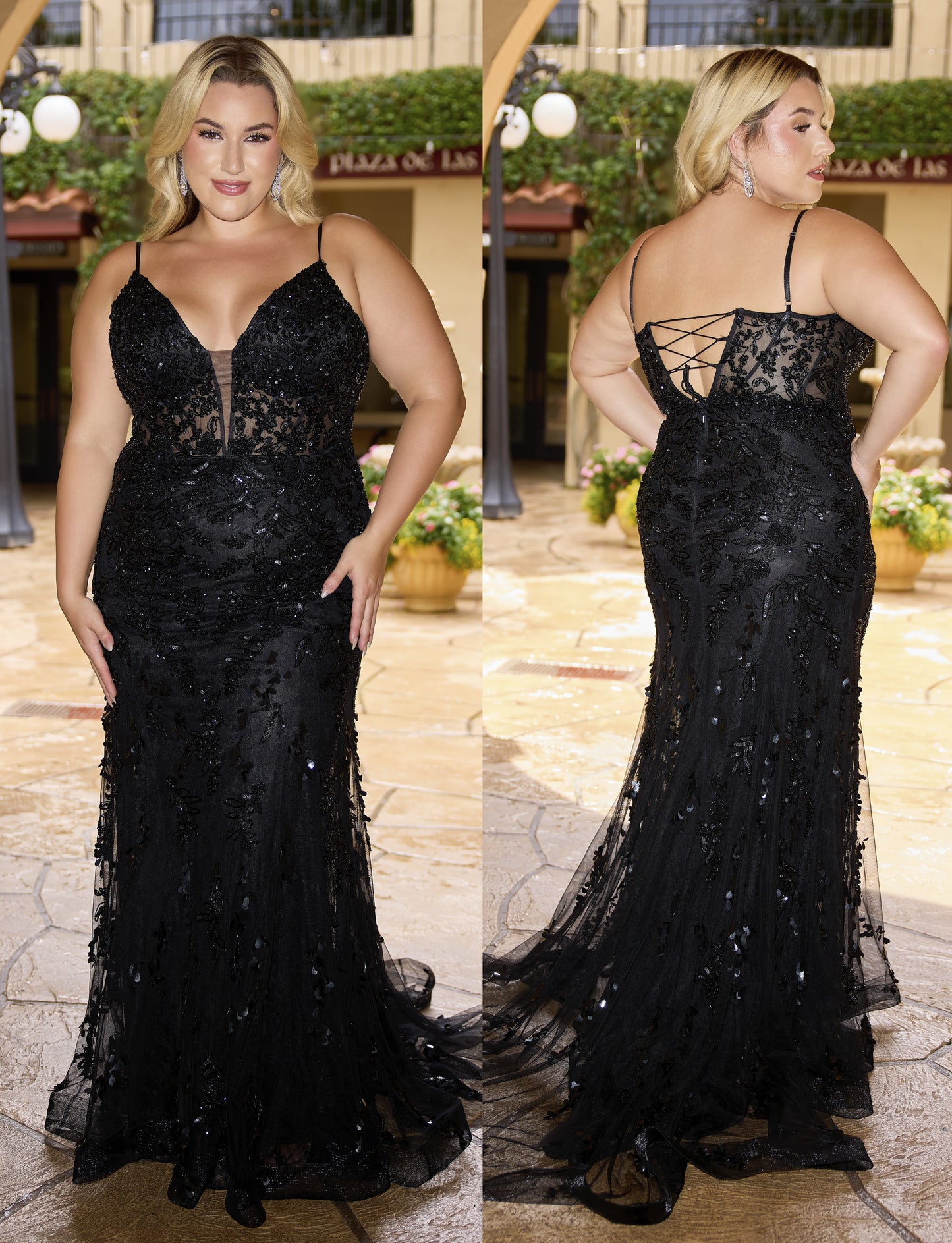 Primavera Couture 14106 Black Plus Sized Prom Dress V Neckline Corset Sequins