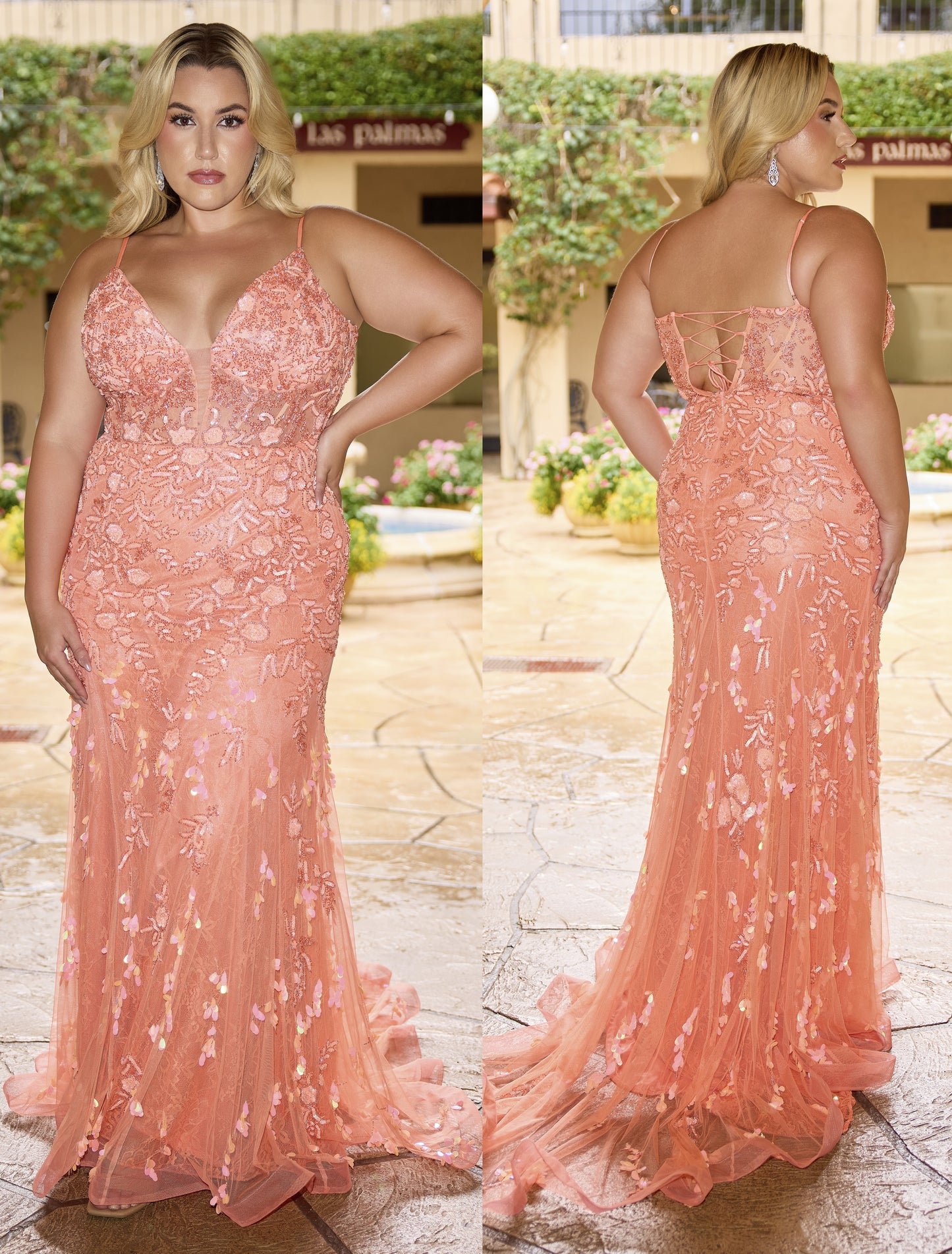 Primavera Couture 14106 Coral Plus Sized Prom Dress V Neckline Corset Sequins