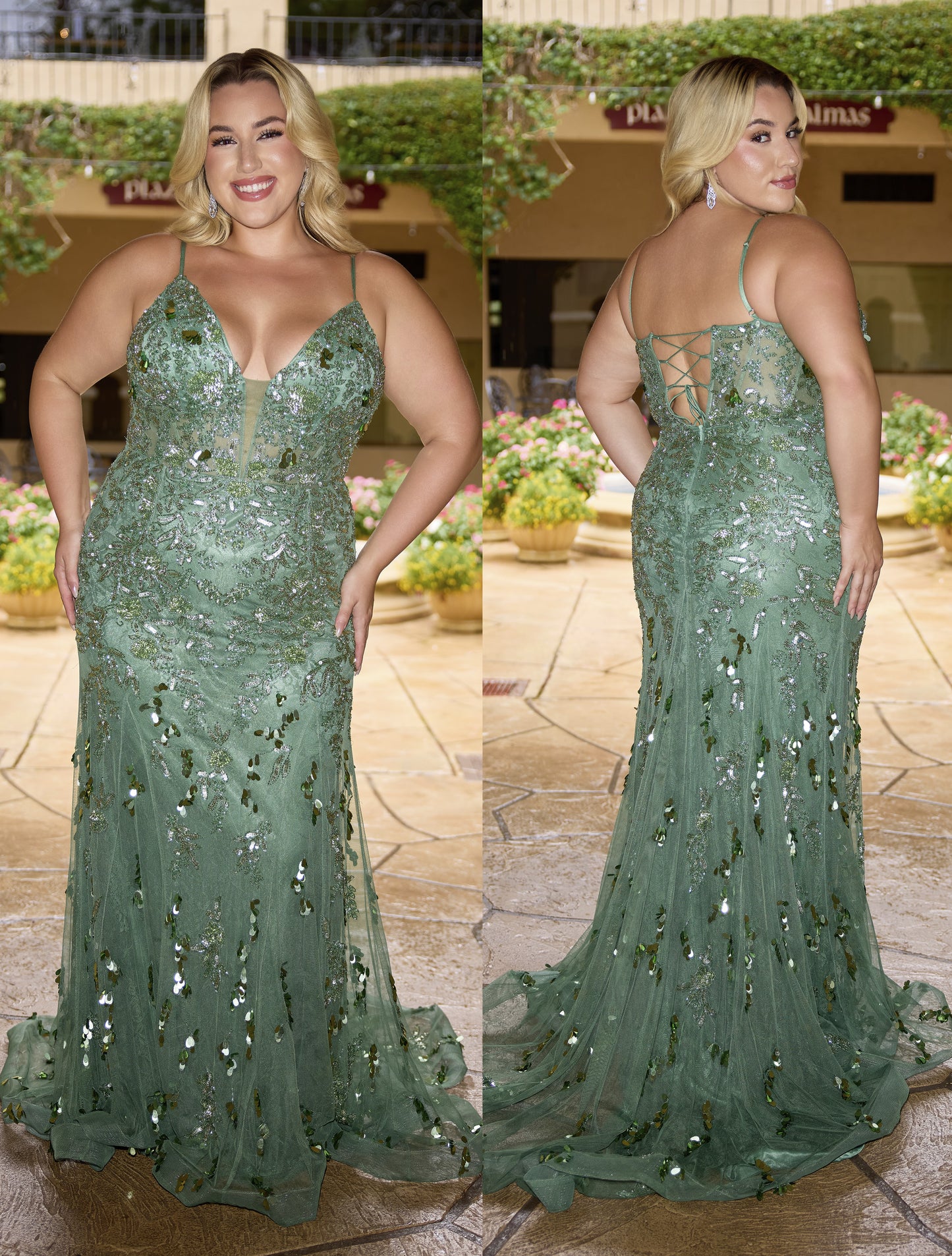 Primavera Couture 14106 Sage Green Plus Sized Prom Dress V Neckline Corset Sequins