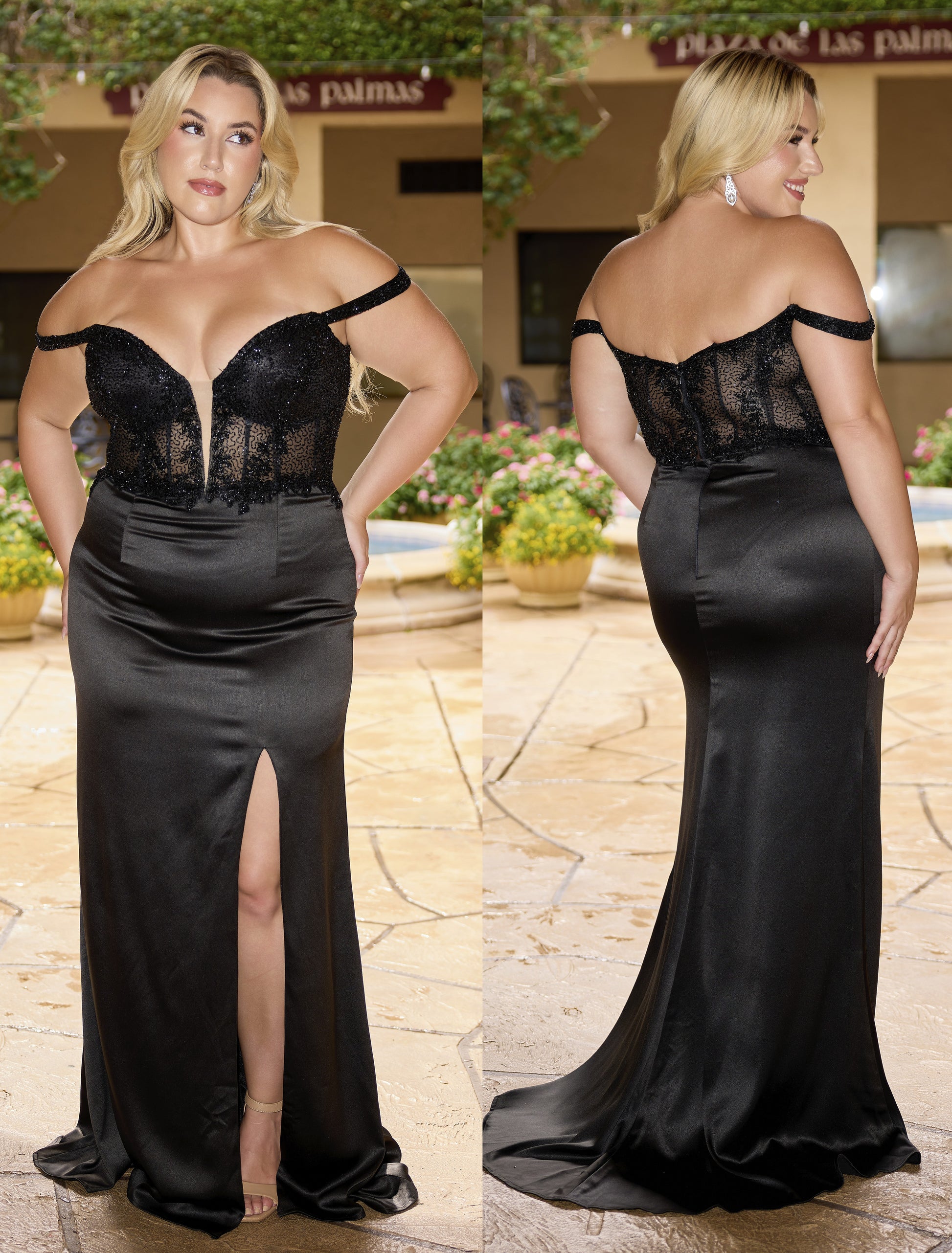 Primavera Couture 14107 Black Curvy Prom Dress Off the Shoulder Lace Satin