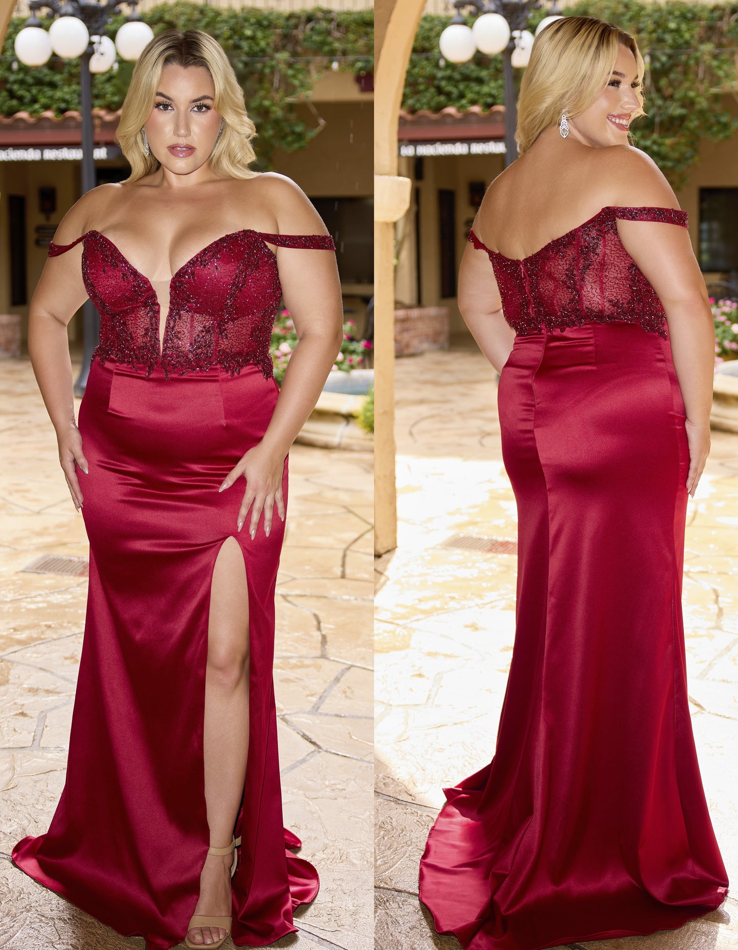 Primavera Couture 14107 Red Curvy Prom Dress Off the Shoulder Lace Satin