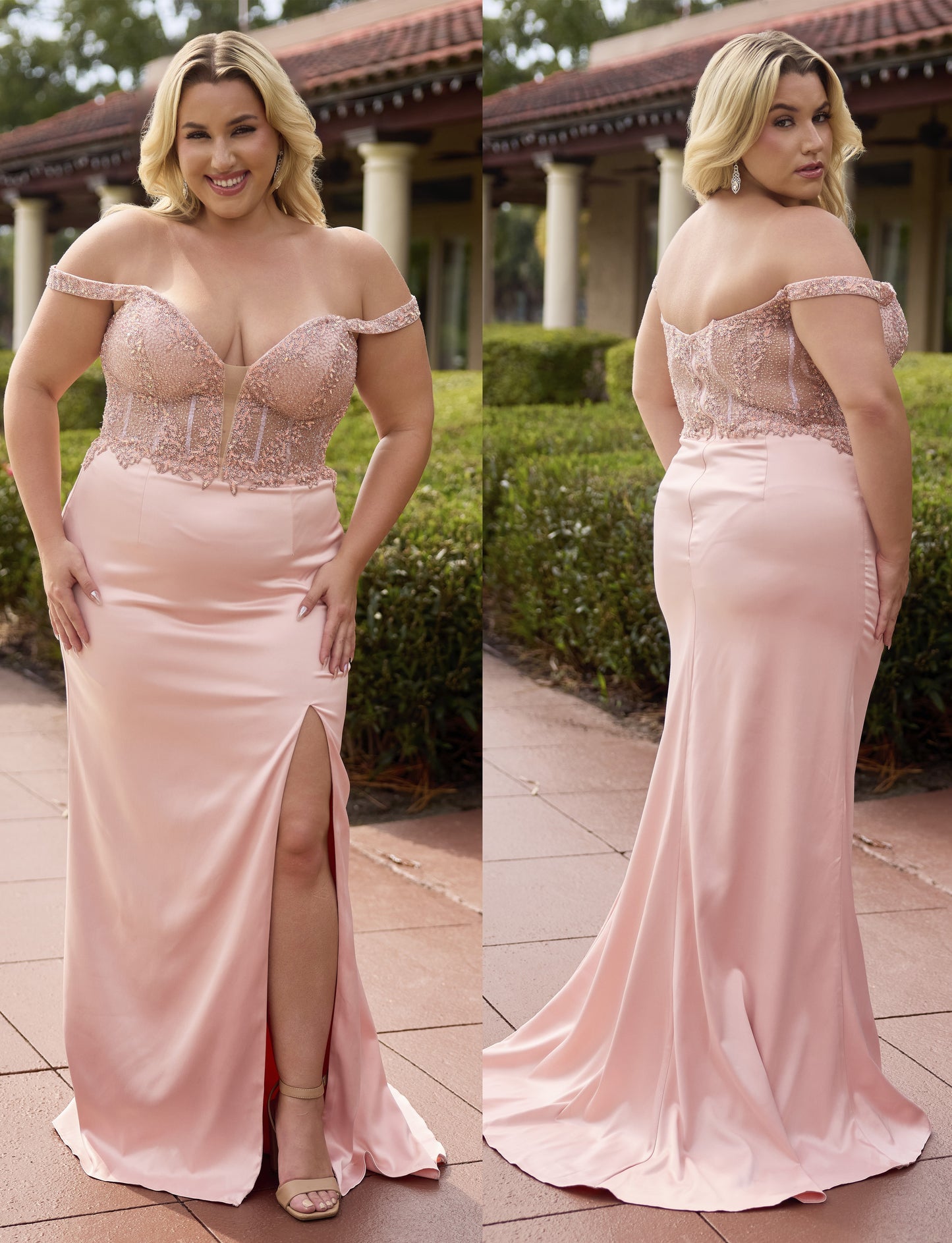 Primavera Couture 14107 Rose Gold Curvy Prom Dress Off the Shoulder Lace Satin
