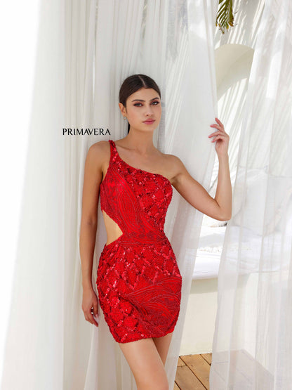 Primavera Couture 4240 One Shoulder Sequins Cutout Cocktail Dress red