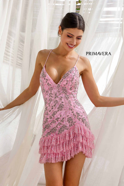 Primavera Couture 4242 Ruffle Trimmed Skirt Cocktail Dress V Neckline Corset Back Beaded Sequins pink front 1