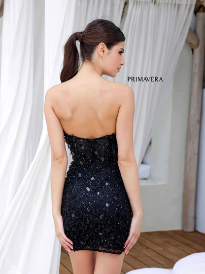 Primavera Couture 4252 Black Fringe and Mirror Cocktail Dress Strapless Sweetheart Neckline Slit back