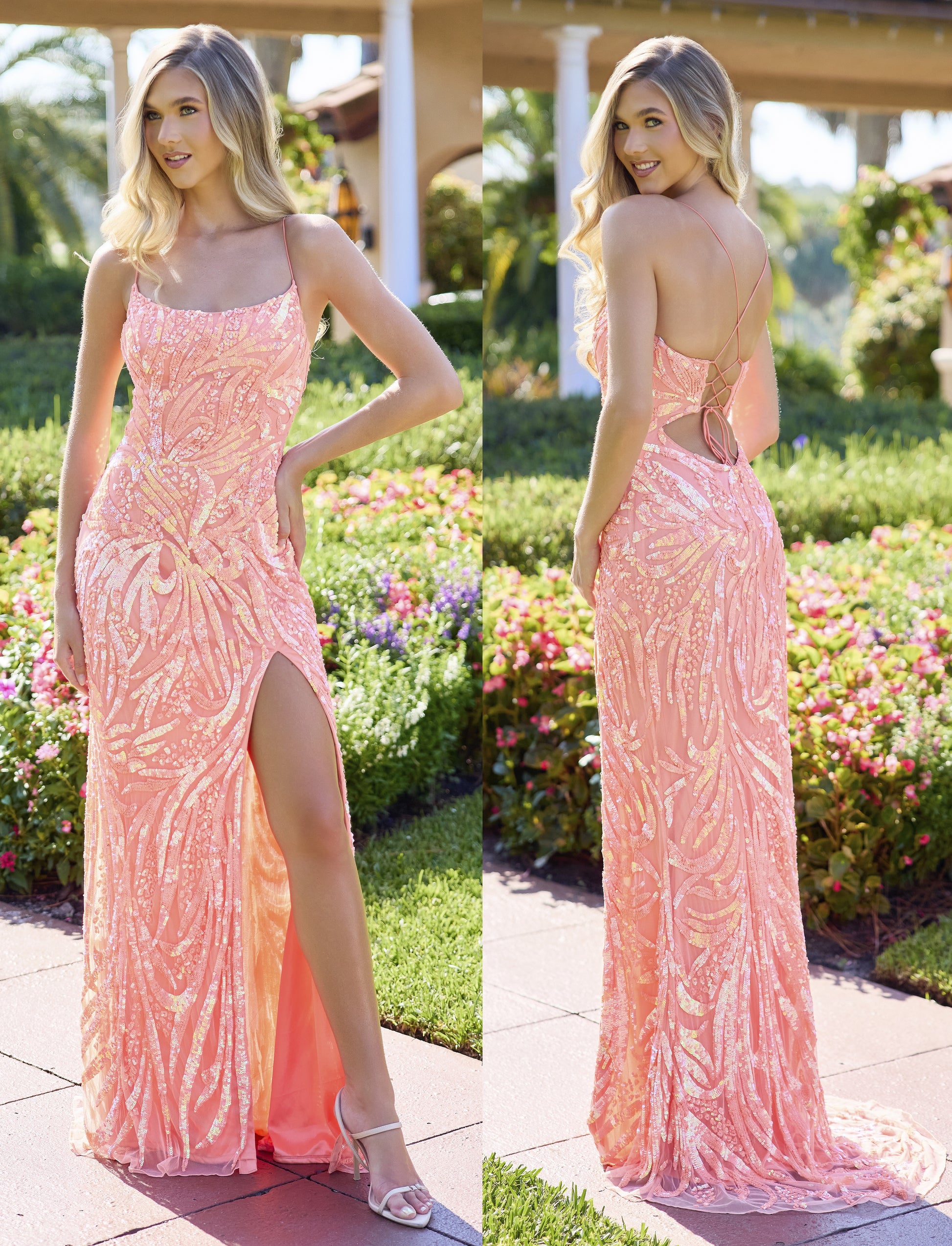 Primavera Couture 4362 coral prom dress corset tie cutout back scoop neckline slit