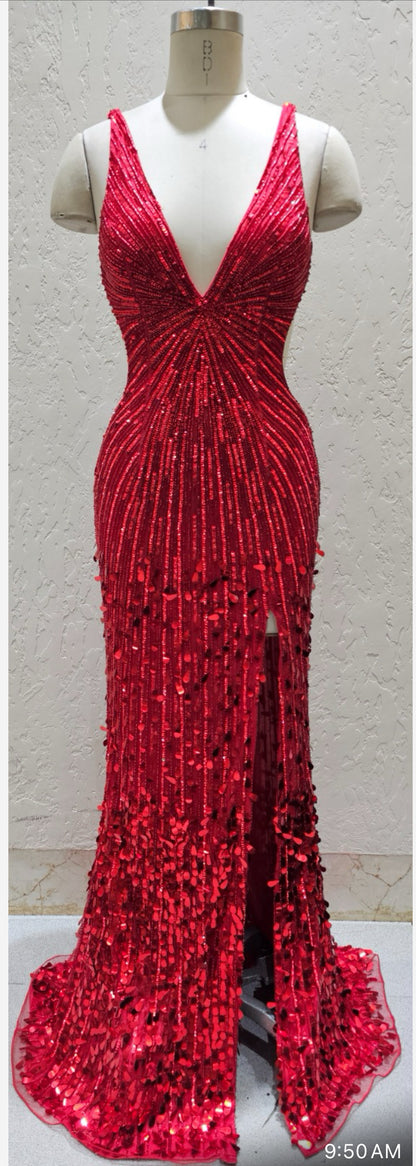 Primavera 4527 size 4 RED Backless Prom Dress Sequin
