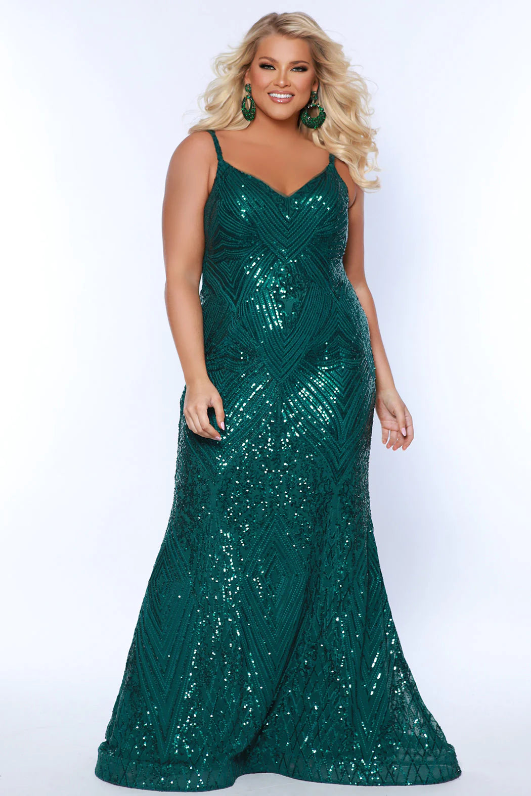 Sydney's Closet SC7340 Rose Gold Fitted Evening Gown Sequins V Neckline Plus Size Prom Dress. Look dazzling like a diva in Sydney's Closet SC7340 Rose Gold Fitted Evening Gown. Its sequined V-neckline, fitted silhouette, and plus size design will make you shine like a star at your prom! All eyes will be on you. Oooh la la!