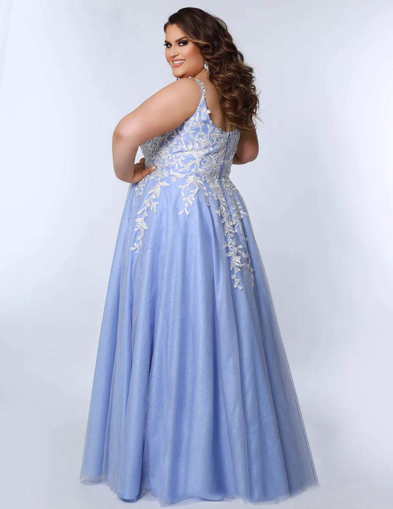 Sydney's Closet SC7350 A-Line Beaded And Appliqued 3D Flowers On Bodice Scoop Neck Plus Size Prom Dress. Make prom night even more magical with Sydney's Closet SC7350 A-Line dress! This stunning gown has everything you need to make your grand entrance: shimmering beading, appliqued 3D flowers, and a flattering scoop neckline. Ready to wow ? Let's get this party started!