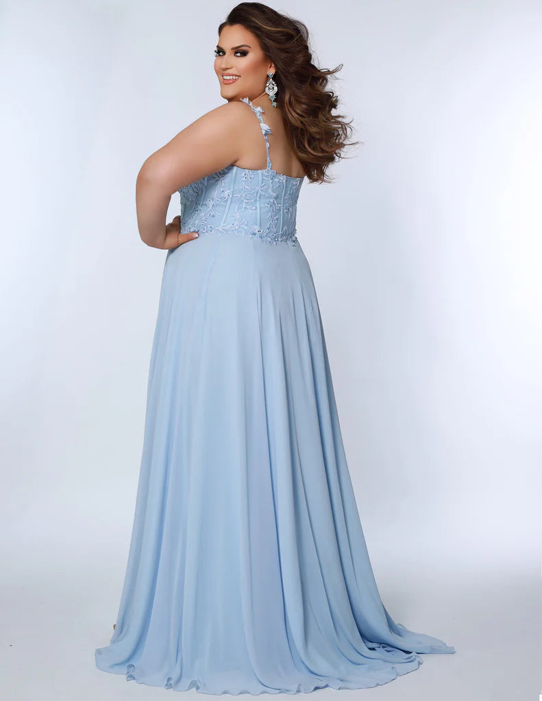 Sydney's Closet SC7351 Chiffon Floral Lace Double Straps Deep V-Neck A-Line With Slit Plus Size Prom Dress. Be the star of the show in Sydney's Closet