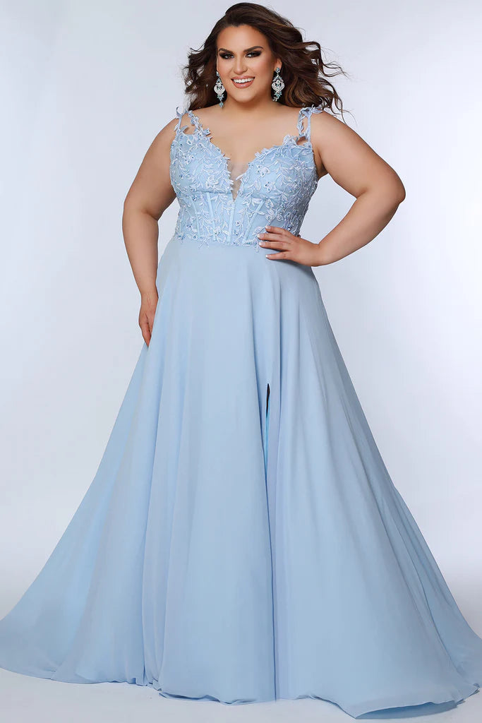 Sydney's Closet SC7351 Chiffon Floral Lace Double Straps Deep V-Neck A-Line With Slit Plus Size Prom Dress. Be the star of the show in Sydney's Closet