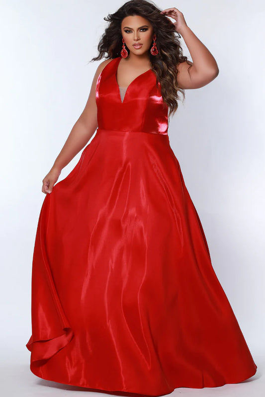 Sydney's Closet SC7356 A-Line Skirt With Pockets V-Neck Cut Outs Paris Satin Plus Size Prom Dress. Make an entrance in Sydney's Closet SC7356 A-Line Skirt! This surprisingly sassy plus-size prom dress flaunts flared pockets plus v-neck cut outs, with Paris satin fabric to finish off the perfect night-out look. Dare to be noticed!