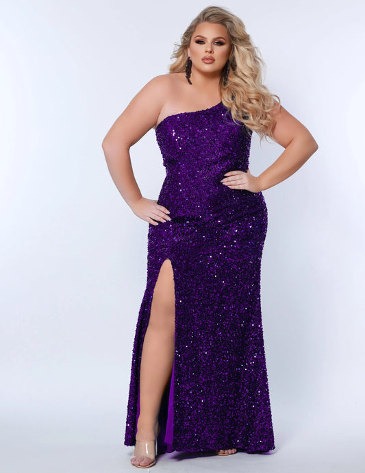 Sydney's Closet SC7360 Long Prom Plus Size Sleeveless One Shoulder Paillettes On Stretch Net Fitted Silhouette Slit With Train Formal Gown