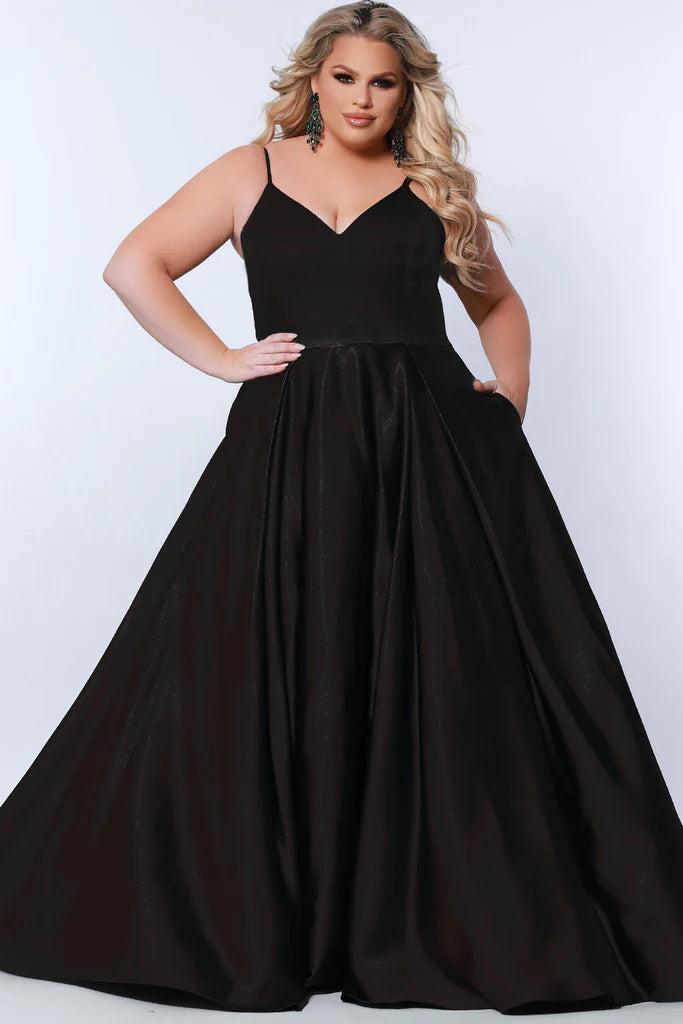 Sydney's Closet SC7363 Satin A-Line Silhouette With Pockets Sweetheart Neckline Spaghetti Strap Plus Size Prom Dress. For all your prom dreams, the Sydney's Closet SC7363 is where it's at! This show-stopping satin dress features a sweetheart neckline, spaghetti straps, and A-line silhouette with handy pockets. Plus-size perfection for any special event! Dare to dazzle!