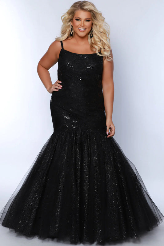 Sydneys Closet's SC7370 Prom Dress is a stunning gown perfect for any formal event. Its mermaid silhouette provides a fitted design with a beautiful scoop neck, perfect for showcasing your style. Crafted from luxurious fabric, it ensures a comfortable and flattering fit for plus size figures.