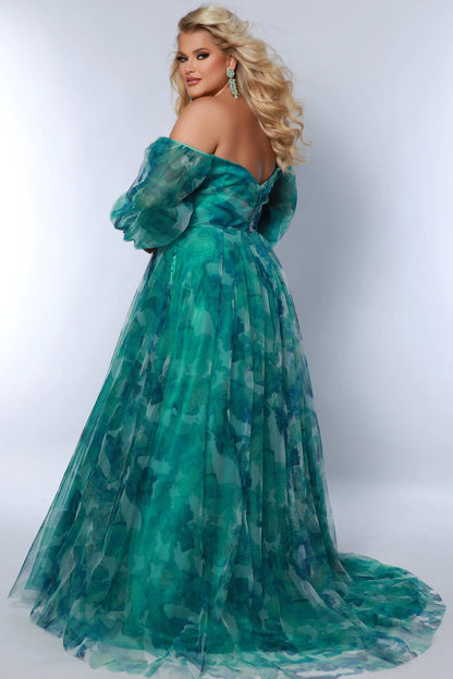 cheap plus size evening dresses Sydneys Closet SC7386 Long Prom Dress Plus Size Strapless A-Line Floral Slit Puff Sleeves Train Pockets Formal Gown 18 / Multi Floral