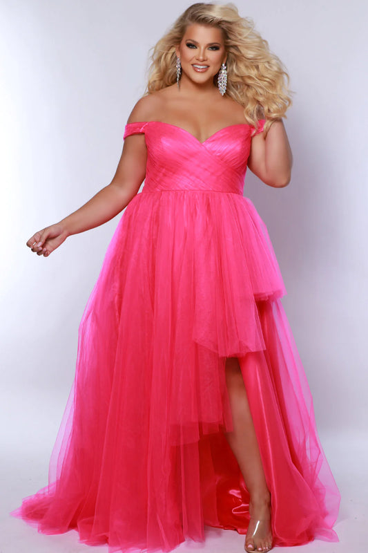 The Sydneys Closet SC7388 Long Prom Dress is a stylish A-Line design featuring an off-shoulder neckline and a 3-tier asymmetrical skirt. The plus size formal gown is a perfect choice for any pageant or other special occasion. Look fabulous no matter what your special occasion when you wear this showstopping  high-low formal dress in bold tulle fabric.