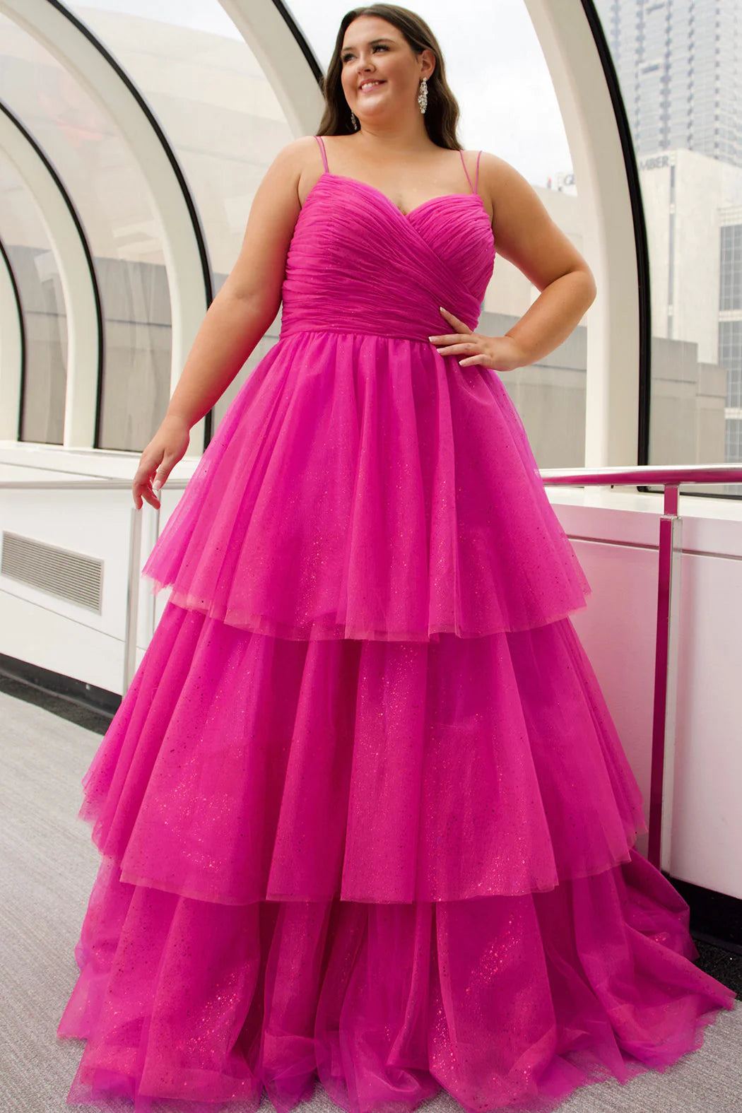 Sydney's Closet Women's Spaghetti Strap Teired Plus Size Ballgown - Pink - Casual Dresses Sydney's Closet Women's Spaghetti Strap Teired Plus Size Ballgown - Pink - Casual Dresses