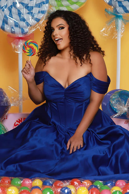 Sydneys Closet SC7400 Size 26 Ruby Satin Corset A Line Prom Dress off the Shoulder Pockets Plus Size Ballgown