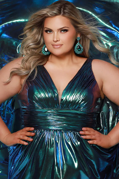 Sydneys Closet SC7415 Size 24 Peacock Metallic A Line Plus Size Prom Dress V Neck Formal Gown Color Shift
