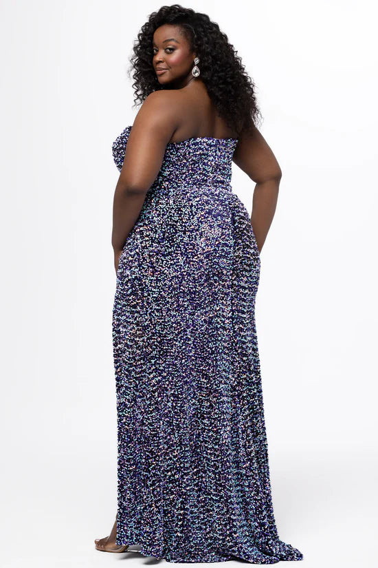 Sydneys Closet SC7420 Velvet Sequins Plus Sized Formal Dress Strapless Sweetheart Neckline Basque Waistline
