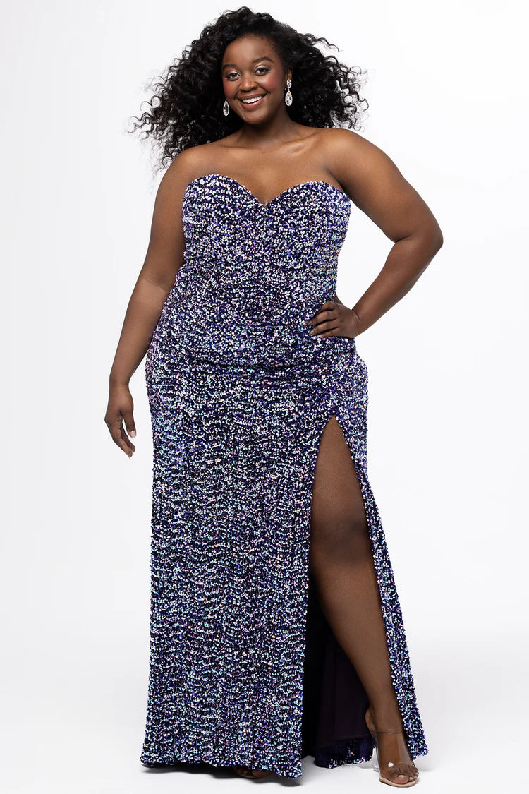 Sydneys Closet SC7420 Velvet Sequins Plus Sized Formal Dress Strapless Sweetheart Neckline Basque Waistline